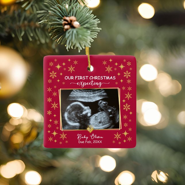 2-photo Ultrasound 1st Xmas Expecting Keepsake Ceramic Ornament (2 photo ultrasound 1st christmas expecting keepsake ornament)