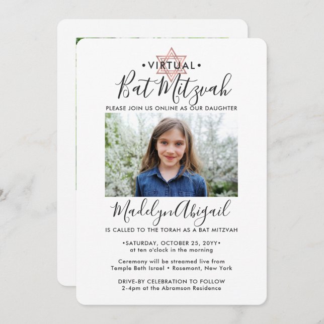 2 Photo Virtual Bat Mitzvah Modern Pink Rose Gold Invitation (Front/Back)