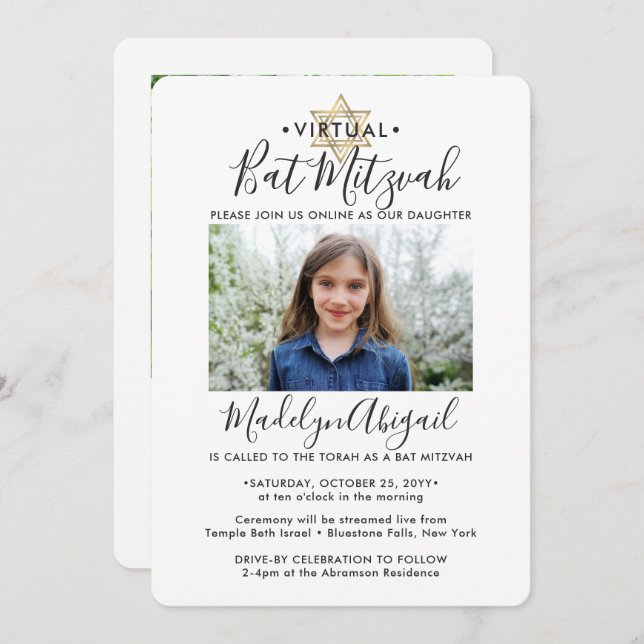 2 Photo Virtual Drive-by Bat Mitzvah Modern Zoom Invitation (Front/Back)