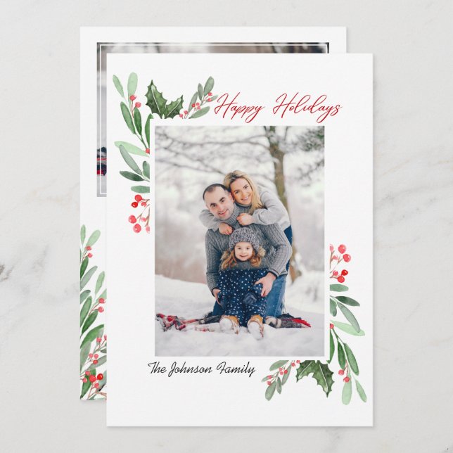 2 PHOTO Watercolor Mistletoe Holly Berry Christmas Holiday Card (Front/Back)