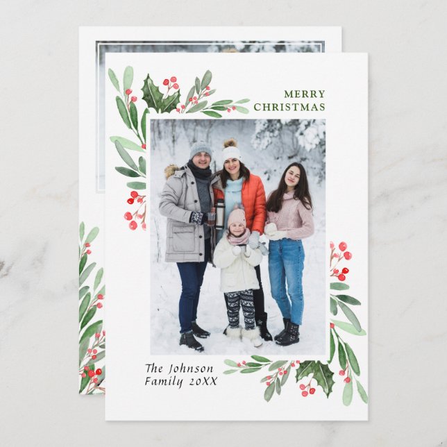 2 PHOTO Watercolor Mistletoe Holly Berry Christmas Holiday Card (Front/Back)