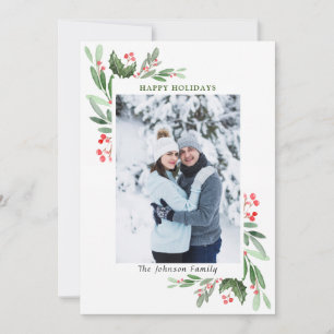 2 PHOTO Watercolor Mistletoe Holly Berry Christmas Holiday Card