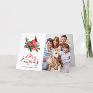 2 PHOTO Watercolor Red Cardinal Christmas Greeting Holiday Card