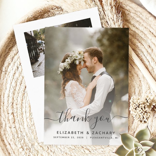 2-Photo Wedding Grey Script Thank You Card (Creator Uploaded)