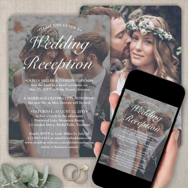2 Photo Wedding Reception Only Elegant White Text Invitation (Creator Uploaded)
