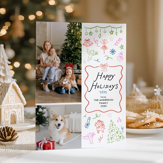 2 Photo Whimsical Hand Drawn Happy Holidays Card (Creator Uploaded)