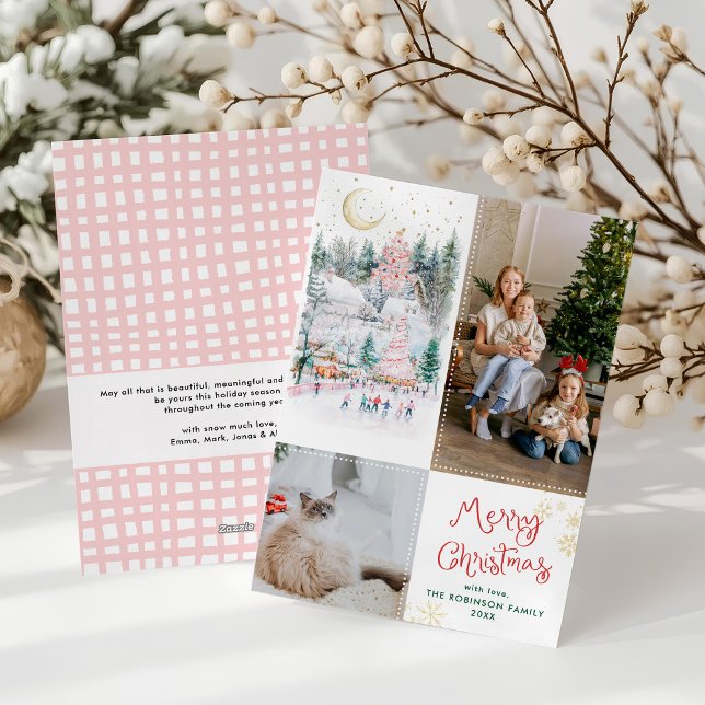 2 Photo Whimsical Winter Village Merry Christmas  Holiday Card (Creator Uploaded)