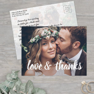 2 Photo White Script Overlay Wedding Thank You Postcard