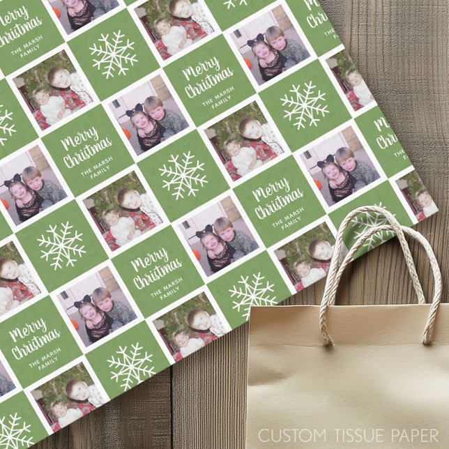 2 Photo with Green - Merry Christmas Snowflakes Tissue Paper (Custom Tissue Paper)