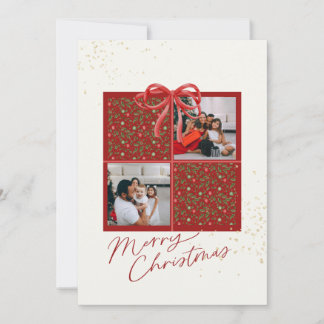 2-Photo X-mas Present Card Holly Baubles Red Bow