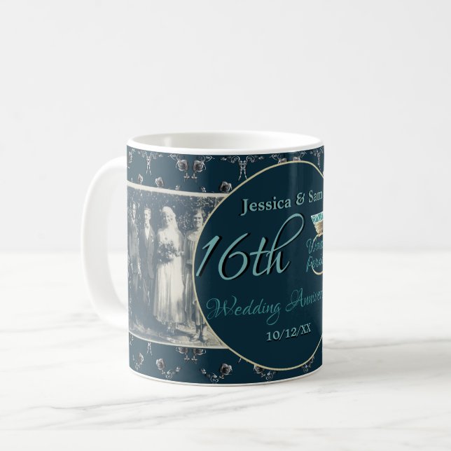 2 Photos 16th Wedding Anniversary Indigo & Silver  Coffee Mug (Front Left)