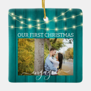 2 Photos 1st Christmas Engaged Teal Parquet Light Ceramic Ornament