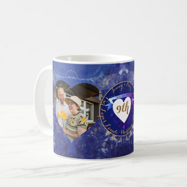 2 Photos 9th Wedding Anniversary Lapis Hearts Coffee Mug (Front Left)
