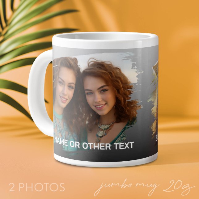 2 Photos and Text - Brushstroke Horizontal Large Coffee Mug (Custom Photo Mug with 2 Photos)
