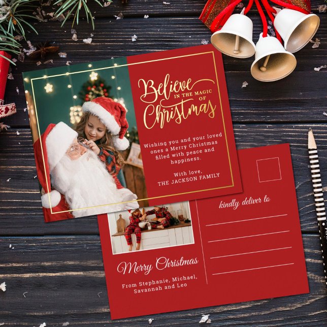 2 photos believe in Christmas magic family red Foil Holiday Postcard (Creator Uploaded)