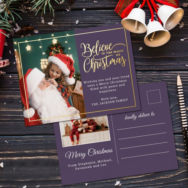 2 photos believe in Christmas magic family violet Foil Holiday Postcard (Creator Uploaded)
