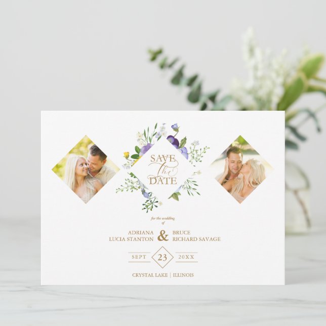 2 Photos Chic Romantic Lilac Shades Floral Bouquet Save The Date (Standing Front)