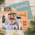 2 photos Christmas arch modern minimalist Holiday Card<br><div class="desc">This elegant and modern Christmas greeting card features a minimalist design displaying 2 of your favourite family pictures inside trendy arch frames. Easily customisable with your family name and the current year in stylish serif fonts over a light shade of orange on the front and with your personal greeting message...</div>