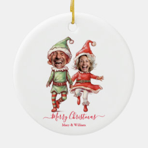 2 Photos Christmas elves  Ceramic Ornament