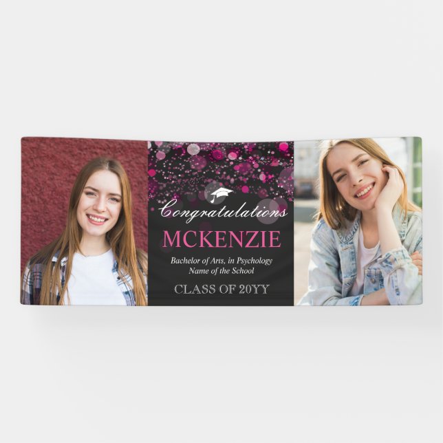 2 Photos Congratulations Hot Pink Bokeh Graduation Banner (Horizontal)