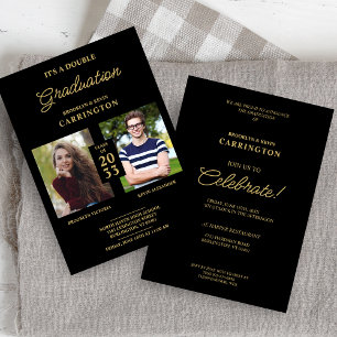 2 Photos Double Twins Graduation Fake Golden Black Invitation