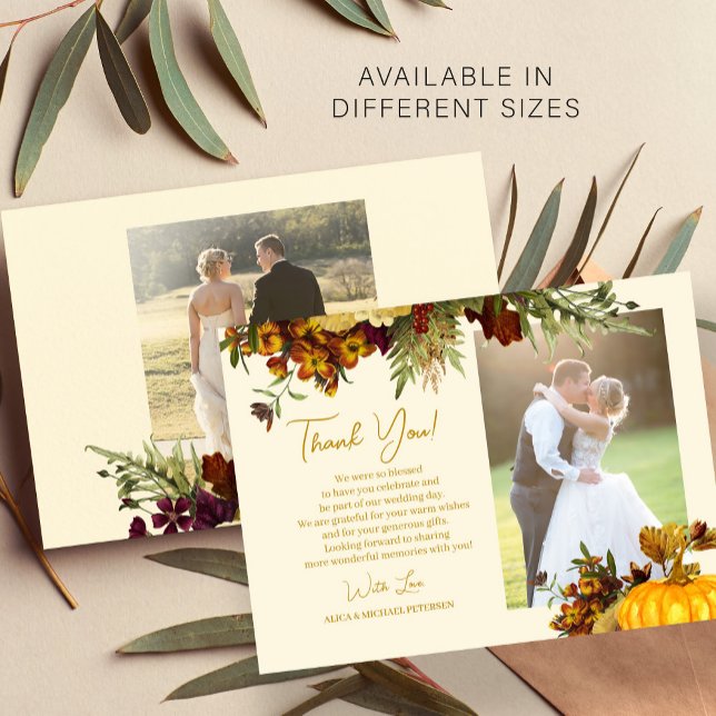 2 photos fall botanical wedding thank you card (Creator Uploaded)