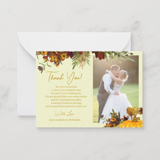 2 photos fall botanical wedding thank you card (Front)
