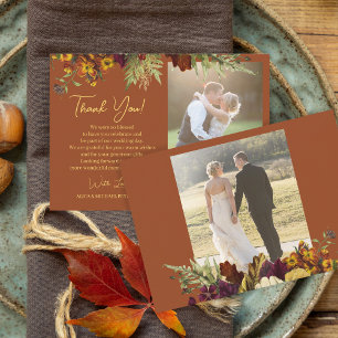2 photos fall burnt orange wedding thank you card