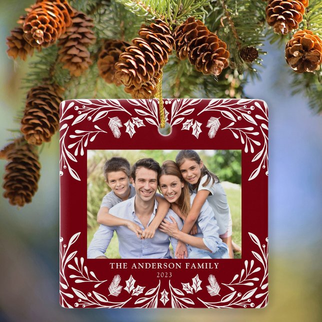 2 Photos Family Winter Greenery Red Christmas Ceramic Ornament (Creator Uploaded)