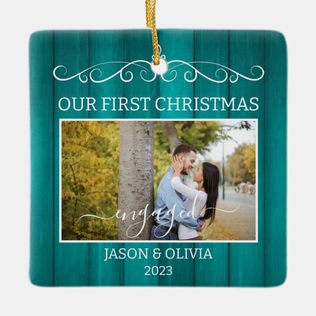 2 Photos First Christmas Engaged Teal Wood Grain  Ceramic Ornament (Front)