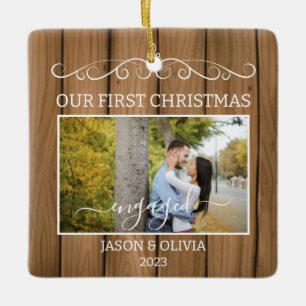 2 Photos First Christmas Engaged Wood Grain Tiles Ceramic Ornament