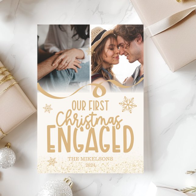 2 photos Gold Glitter First Christmas Engaged Holiday Card (Creator Uploaded)