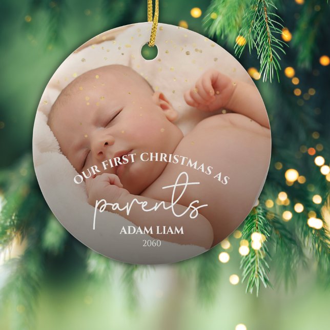 2 Photos Gold Glitter First Parents 1st Christmas  Ceramic Ornament (Creator Uploaded)