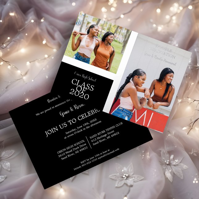 2 Photos Graduates Simple Graduation Real (Minimal 2 Photos Graduates Twins Simple Graduation Real Metallic Foil Invitation Card.)