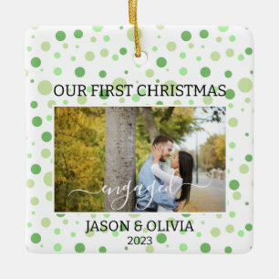 2 Photos Green Polka Dot First Christmas Engaged Ceramic Ornament