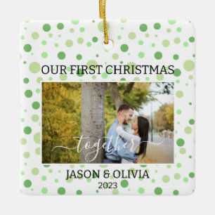 2 Photos Green Polka Dot First Christmas Together Ceramic Ornament