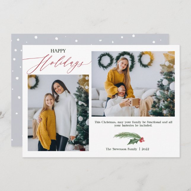 2 photos grey green watercolor Happy Holiday Card (Front/Back)