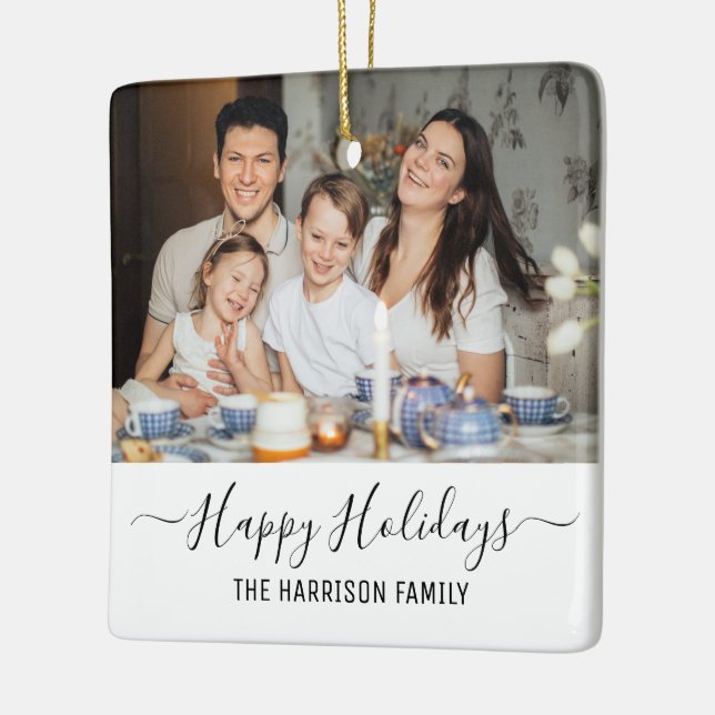 2 Photos Happy Holidays Family Minimalist Ceramic Ornament (Left)
