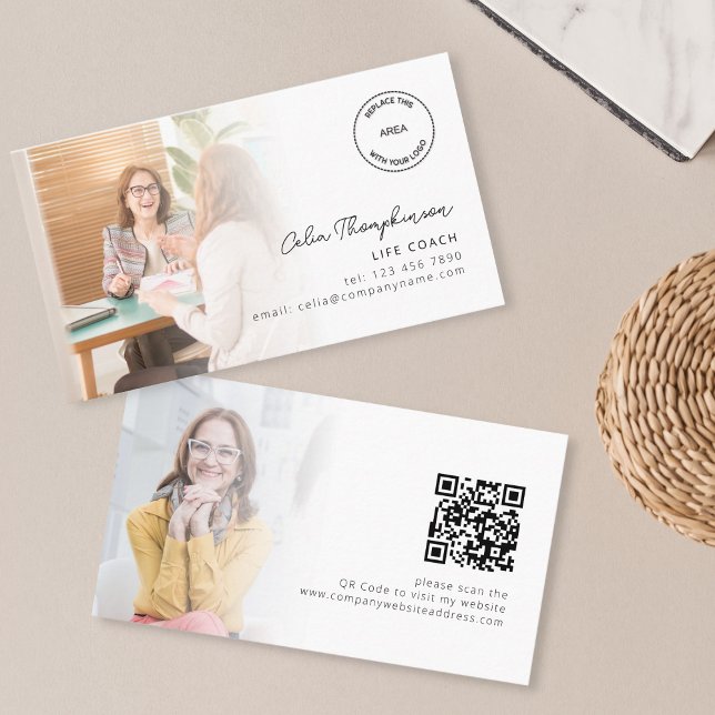 2 Photos Logo QR Code Life Coach Business Card (Front and back view)