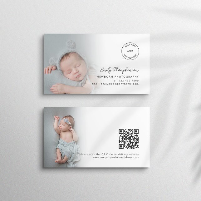 2 Photos Logo QR Code Newborn Baby Photographer Business Card (Creator Uploaded)
