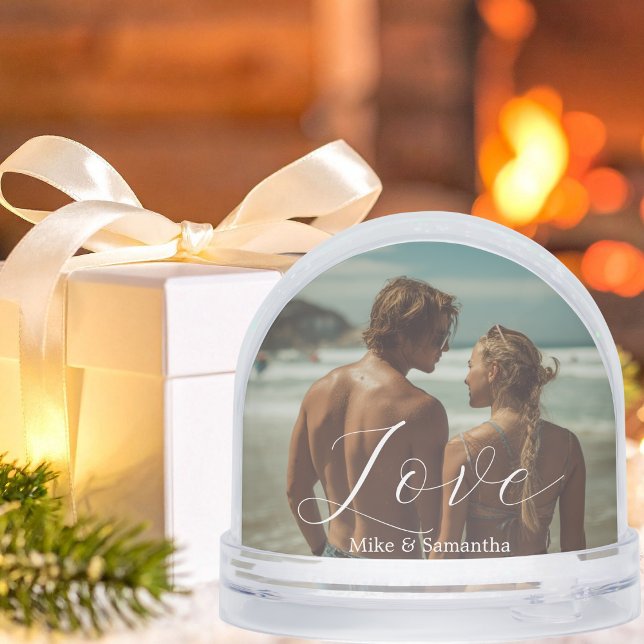 2 Photos Love Name Simple Modern Script Couple Snowglobe (Creator Uploaded)