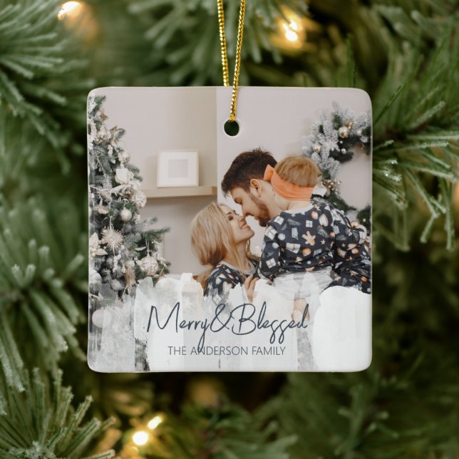 2 Photos Merry and Blessed Simple Christmas Ceramic Ornament (Tree)