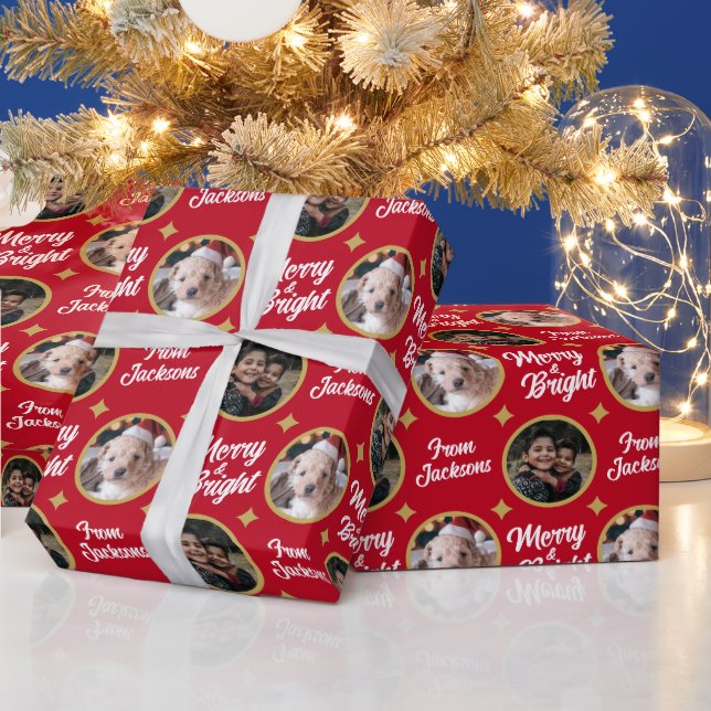 2 Photos Merry & Bright Christmas Family Name Wrapping Paper (Holidays)