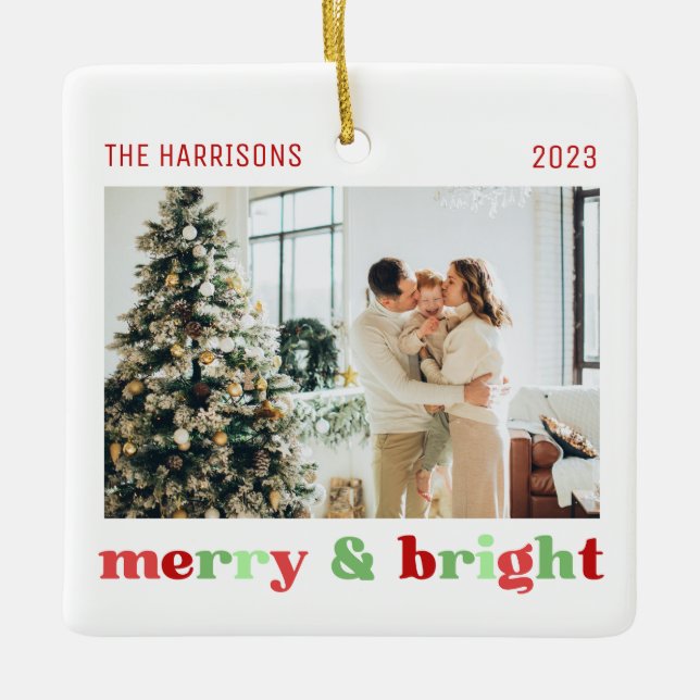 2 Photos Merry & Bright Family Christmas Colour  Ceramic Ornament (Front)