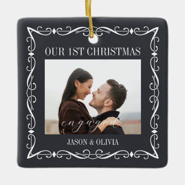 2 Photos Ornamental Frame First Christmas Engaged  Ceramic Ornament (Front)