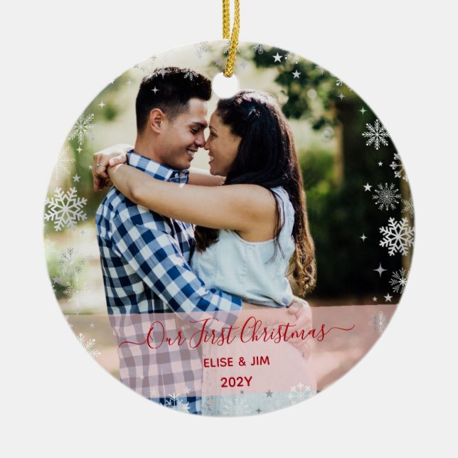 2 Photos Our First Christmas Couple Snow Elegant Ceramic Ornament (Front)