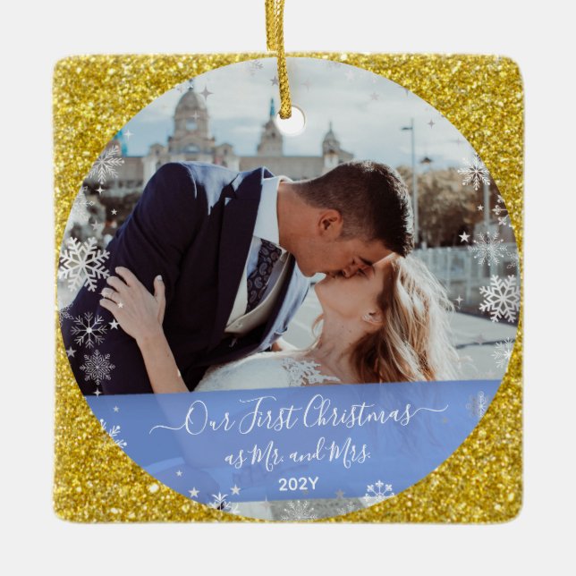 2 Photos Our First Christmas Mr Mrs Gold Glitter Ceramic Ornament (Front)