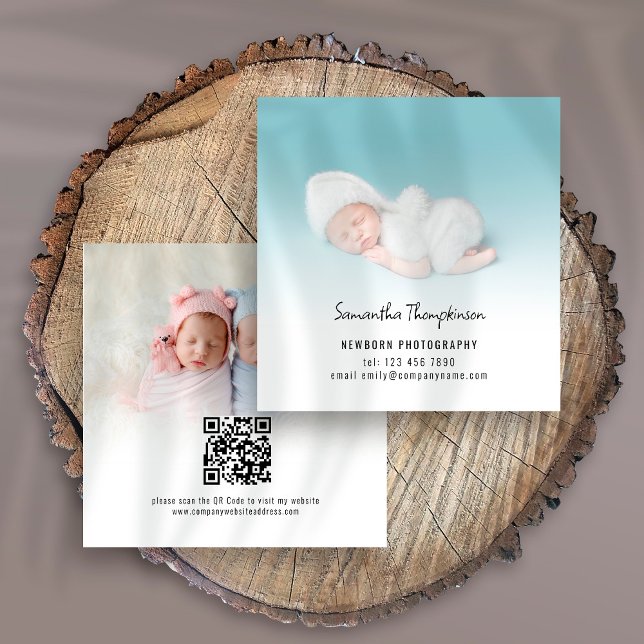 2 Photos QR Code Baby Photographer Square Business Card (Creator Uploaded)