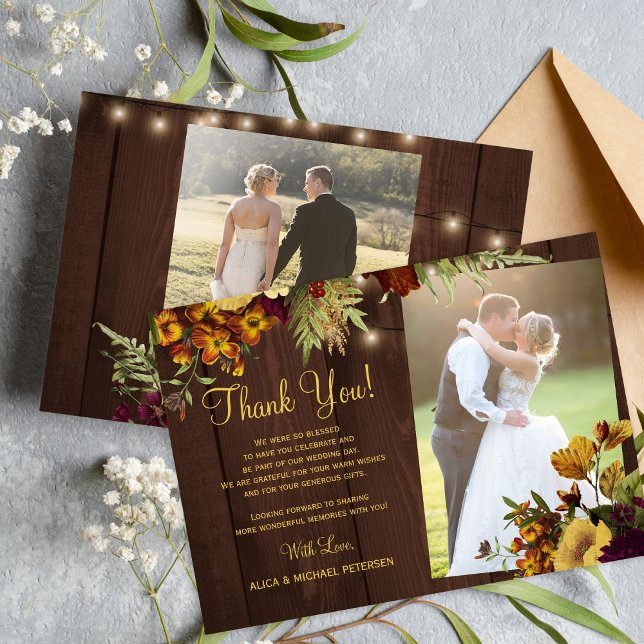 2 photos rustic fall floral barn wood wedding thank you card (Creator Uploaded)
