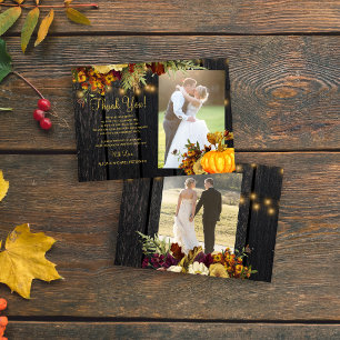 2 photos rustic fall floral wood wedding thank you card